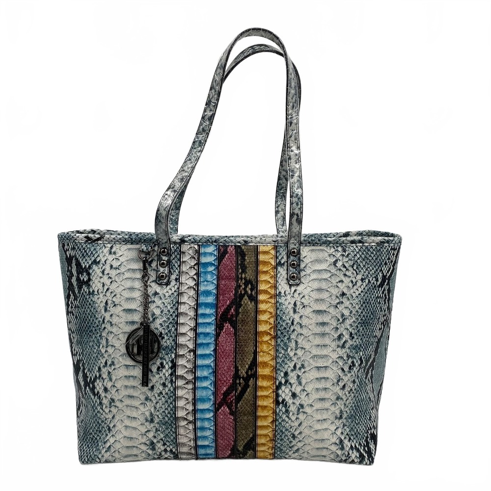 Studio Badgley Blue/Yellow/Gray Animal Print Faux Leather Tote | OS